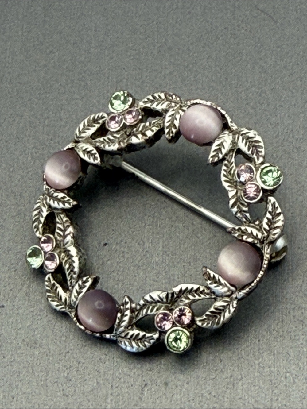 Light Lavender Cat Eye Floral Leaf Wreath Brooch and Light Green Crystals